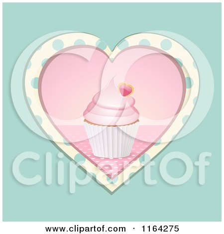Clipart of a Valentine Cupcake Inside a Beige and Blue Polka Dot Heart - Royalty Free Vector Illustration by elaineitalia