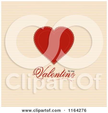 Clipart of a Red Doily Heart with Be My Valentine Text over Stripes - Royalty Free Vector Illustration by elaineitalia