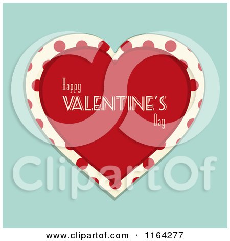 Clipart of a Red Happy Valentines Day Heart with Polka Dots over Blue - Royalty Free Vector Illustration by elaineitalia