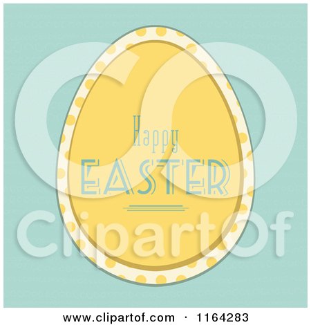 Clipart of a Yellow Happy Easter Egg with Polka Dots over Blue - Royalty Free Vector Illustration by elaineitalia