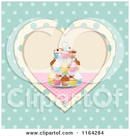Clipart of a Cupcake Stand in a Heart over Polka Dots - Royalty Free Vector Illustration by elaineitalia