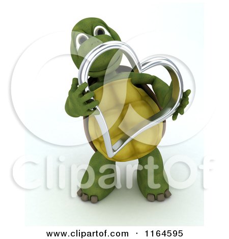 Clipart of a 3d Tortoise Holding a Silver Metallic Valentine Heart - Royalty Free CGI Illustration by KJ Pargeter