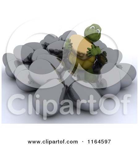Clipart of a 3d Tortoise Holding a Gold Egg in a Pile of Silver Easter Eggs - Royalty Free CGI Illustration by KJ Pargeter