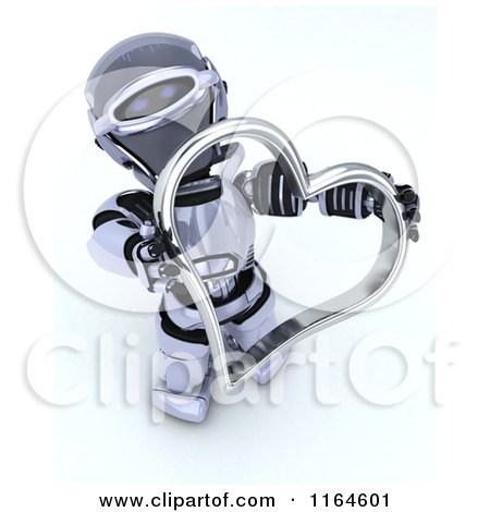 Clipart of a 3d Robot Holding a Silver Valentine Heart - Royalty Free CGI Illustration by KJ Pargeter