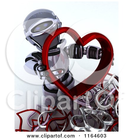Clipart of a 3d Robot Holding a Red Valentine Heart with Others at His Feet - Royalty Free CGI Illustration by KJ Pargeter