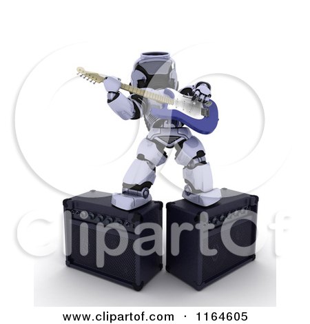 Clipart of a 3d Robot Playing an Electric Guitar and Standing on Amps - Royalty Free CGI Illustration by KJ Pargeter