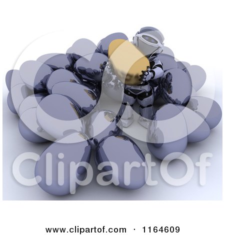 Clipart of a 3d Robot Holding a Gold Egg in a Pile of Silver Easter Eggs - Royalty Free CGI Illustration by KJ Pargeter