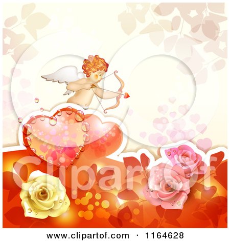 Clipart of a Valentines Day Background with Cupid Roses and a Heart - Royalty Free Vector Illustration by merlinul