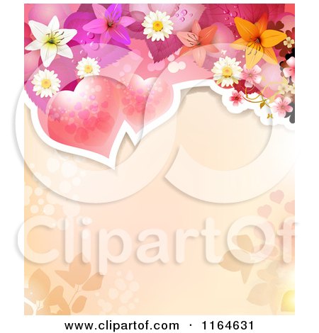 Clipart of a Wedding or Valentines Day Background with Hearts and Flowers over Copyspace - Royalty Free Vector Illustration by merlinul