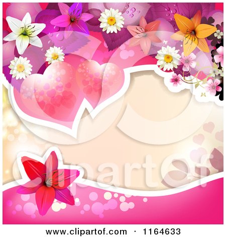 Clipart of a Wedding or Valentines Day Background with Hearts and Flowers Around Copyspace - Royalty Free Vector Illustration by merlinul
