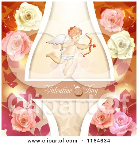 Clipart of a Valentines Day Background with Cupid Roses and Text - Royalty Free Vector Illustration by merlinul