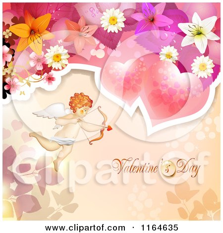 Clipart of a Valentines Day Background with Cupid Roses Text and Flowers - Royalty Free Vector Illustration by merlinul