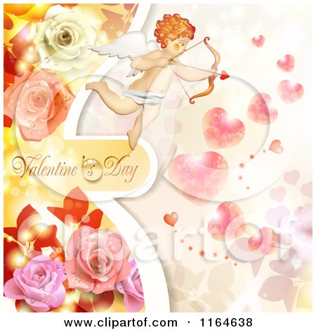 Clipart of a Valentines Day Background with Cupid Roses Text and Hearts - Royalty Free Vector Illustration by merlinul