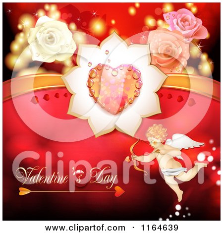 Clipart of a Valentines Day Background with Cupid Roses Text and a Heart - Royalty Free Vector Illustration by merlinul