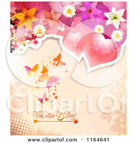 Clipart of a Valentines Day Background with Hearts Flowers and Butterflies - Royalty Free Vector Illustration by merlinul