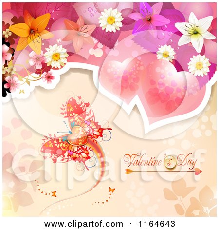 Clipart of a Valentines Day Background with Hearts Flowers and a Butterfly - Royalty Free Vector Illustration by merlinul