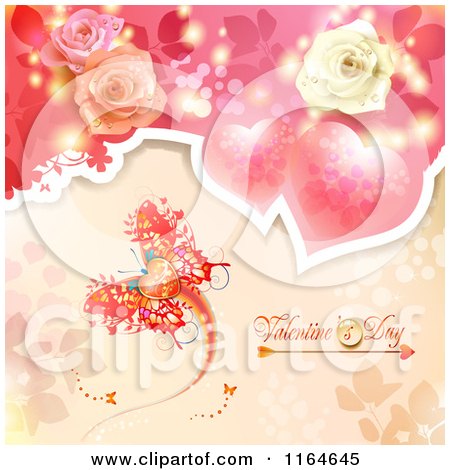 Clipart of a Valentines Day Background with Hearts Roses and a Butterfly - Royalty Free Vector Illustration by merlinul