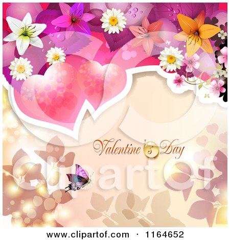 Clipart of a Valentines Day Background with Hearts Flowers and a Butterfly - Royalty Free Vector Illustration by merlinul