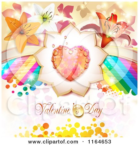 Clipart of a Valentines Day Background with a Dewy Heart and Flowers and a Rainbow over Text - Royalty Free Vector Illustration by merlinul