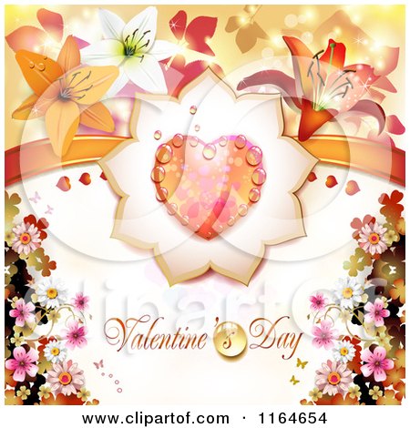 Clipart of a Valentines Day Background with a Dewy Heart and Flowers Around Text - Royalty Free Vector Illustration by merlinul