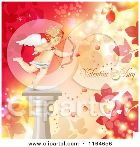 Clipart of a Valentines Day Background with Cupid on a Pillar Foliage Text and Hearts - Royalty Free Vector Illustration by merlinul