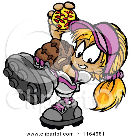 Cartoon of a Blond Softball Baseball Girl Pitching - Royalty Free Vector Clipart by Chromaco