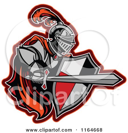Cartoon of a Knight with a Red Cape Shield and Sword - Royalty Free Vector Clipart by Chromaco