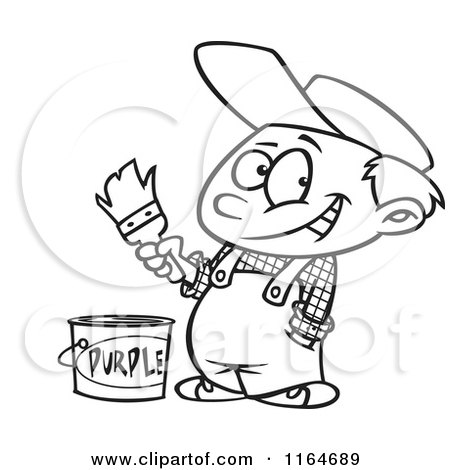 Cartoon of an Outlined Painter Boy with a Bucket of Purple Paint - Royalty Free Vector Clipart by toonaday