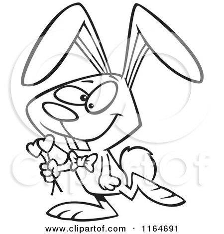 Cartoon of an Outlined Romantic Valentine Bunny Rabbit Carrying Hearts - Royalty Free Vector Clipart by toonaday