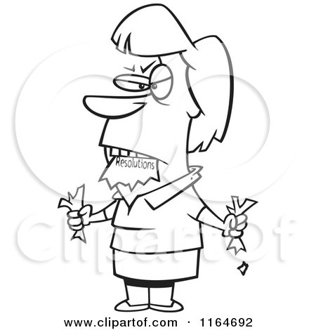 Cartoon of an Outlined Angry Woman Eating a Resolutions List - Royalty Free Vector Clipart by toonaday