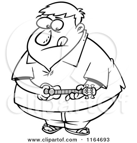 Cartoon of an Outlined Obese Man Playing a Ukelele - Royalty Free Vector Clipart by toonaday