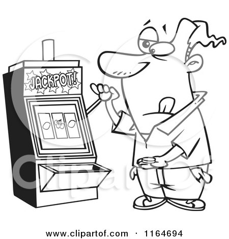Cartoon of an Outlined Man at a Casino Slot Machine - Royalty Free Vector Clipart by toonaday