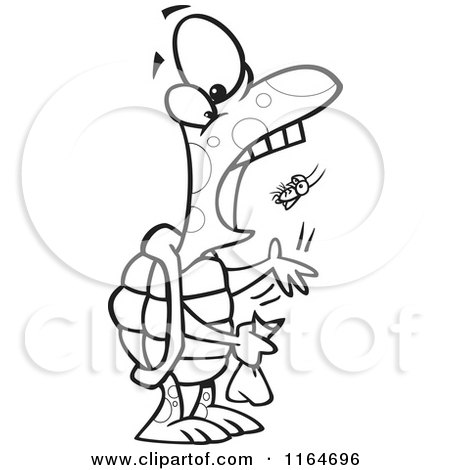 Cartoon of an Outlined Tortoise Popping a Fly into His Mouth - Royalty Free Vector Clipart by toonaday