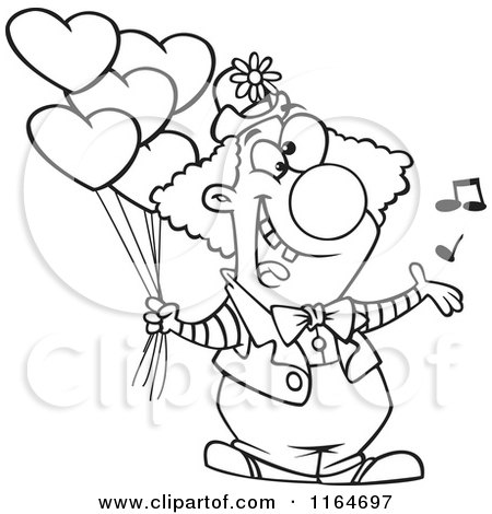 Cartoon of an Outlined Clown Singing and Holding Valentines Day Balloons - Royalty Free Vector Clipart by toonaday