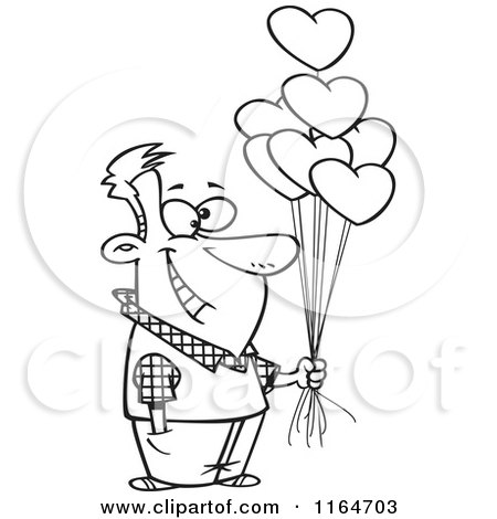 Cartoon of an Outlined Happy Man Holding out Valentine Heart Balloons - Royalty Free Vector Clipart by toonaday