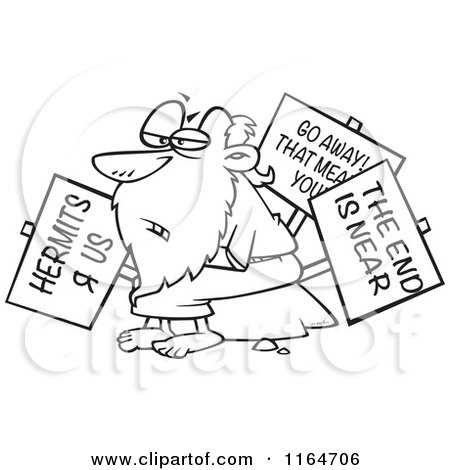 Cartoon of an Outlined Old Hermit Man with Signs - Royalty Free Vector Clipart by toonaday