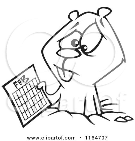 Cartoon of an Outlined Distressed Groundhog Holding a February Calendar - Royalty Free Vector Clipart by toonaday