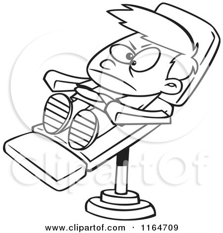 Cartoon of an Outlined Stubborn Boy in a Dentist Chair - Royalty Free Vector Clipart by toonaday