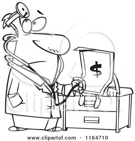 Cartoon of an Outlined Male Doctor Diagnosing the Dollar - Royalty Free Vector Clipart by toonaday