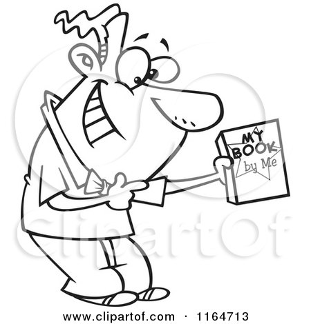 Cartoon of an Outlined Male Autor Suggesting His Book - Royalty Free Vector Clipart by toonaday