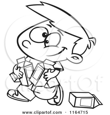 Cartoon of an Outlined Boy Carrying Quarts of Milk - Royalty Free Vector Clipart by toonaday