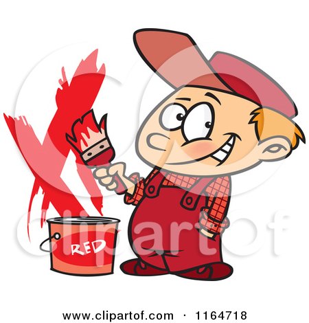 Cartoon of a Painter Boy with a Bucket of Red Paint - Royalty Free Vector Clipart by toonaday