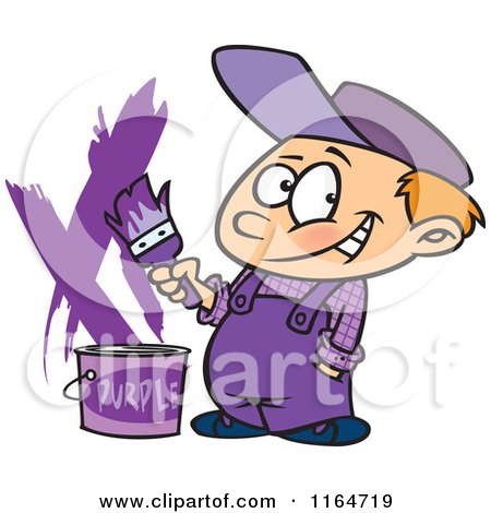 Cartoon of a Painter Boy with a Bucket of Purple Paint - Royalty Free Vector Clipart by toonaday