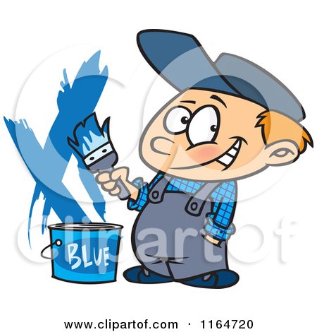 Cartoon of a Painter Boy with a Bucket of Blue Paint - Royalty Free Vector Clipart by toonaday