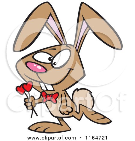 Cartoon of a Romantic Brown Valentine Bunny Rabbit Carrying Hearts - Royalty Free Vector Clipart by toonaday