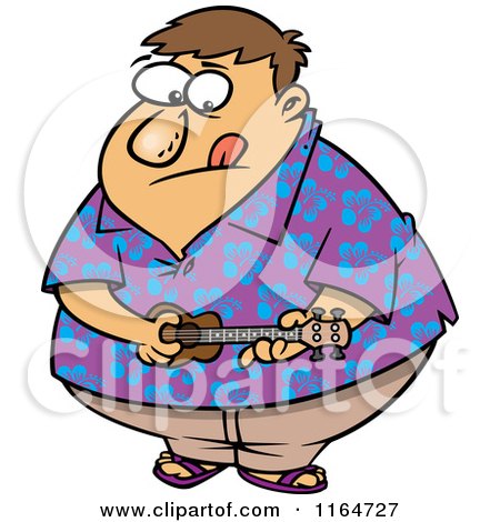 Cartoon of an Obese Man in a Hawaiian Shirt, Playing a Ukelele - Royalty Free Vector Clipart by toonaday