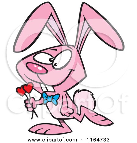 Cartoon of a Romantic Pink Valentine Bunny Rabbit Carrying Hearts - Royalty Free Vector Clipart by toonaday