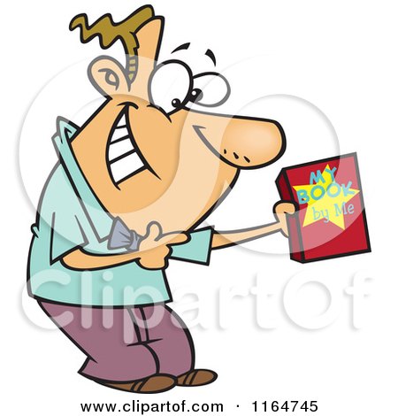 Cartoon of a Male Autor Suggesting His Book - Royalty Free Vector Clipart by toonaday