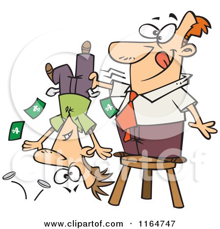 Cartoon of a Man Standing on a Stool and Shaking Money from a Guys Pockets - Royalty Free Vector Clipart by toonaday