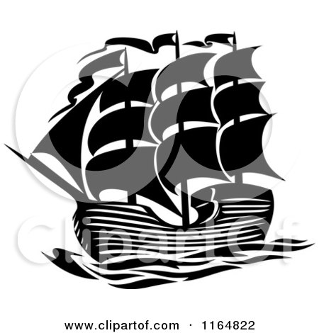 Clipart of a Black and White Brig Ship - Royalty Free Vector Illustration by Vector Tradition SM